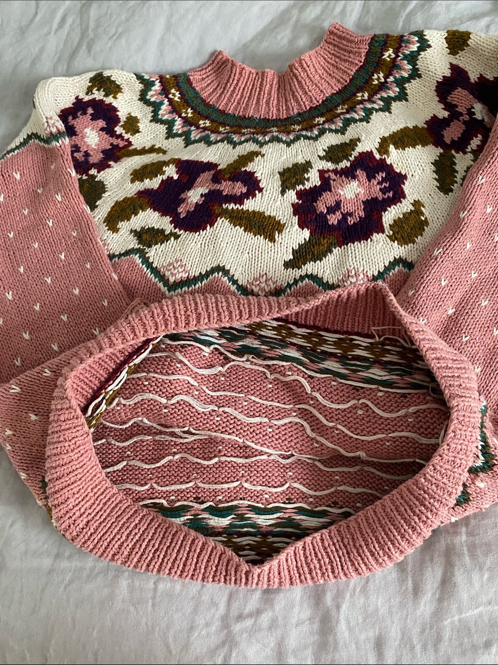 Handmade Pink Floral Fair Isle Knit Sweater - Picture 2 of 3
